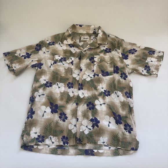 VTG Wrangler Pearl Snap Hawaiian Shirt Large Western Surfer Cowboy Camp Collar - Picture 1 of 9